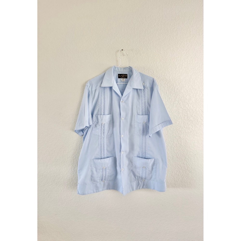 Guayabera Tulum Shirt Mens 40 Blue Vintage Short Sleeve Embroidered Mexican S/S